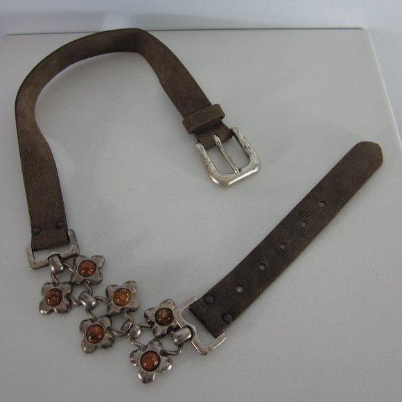 Express Belt Womens Small Brown Brown Suede Leather Orange Beaded Belt Italy - Picture 1 of 10